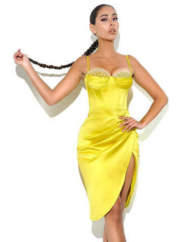 Satin yellow or lemonade color midi dress with split, sweetheart neckline with accent crystals and straps