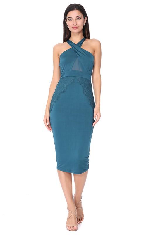 Cross-Neck Halter Midi Bodycon Dress with Lace in Teal Cross-Neck Halter Midi Bodycon Dress with Lace in Teal