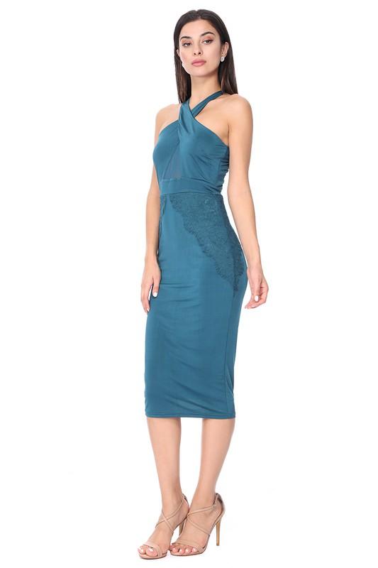 Cross-Neck Halter Midi Bodycon Dress with Lace in Brown Cross-Neck Halter Midi Bodycon Dress with Lace in Brown