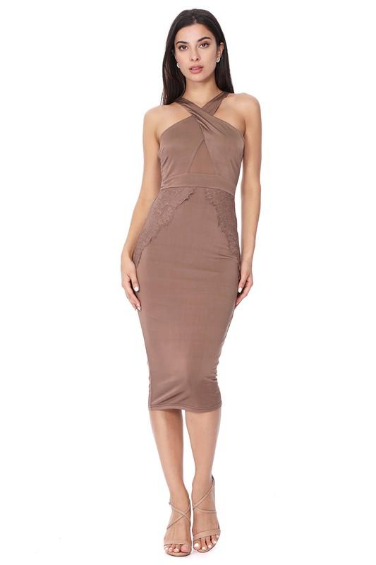 Cross-Neck Halter Midi Bodycon Dress with Lace in Teal Cross-Neck Halter Midi Bodycon Dress with Lace in Teal