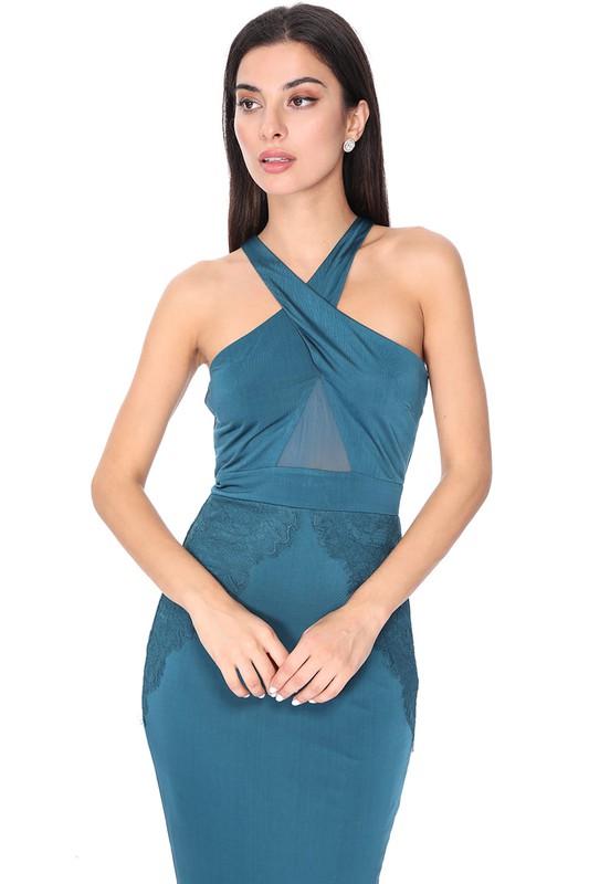 Cross-Neck Halter Midi Bodycon Dress with Lace in Teal