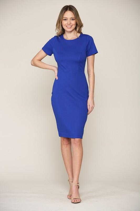 Classic Overlay Top Cap Sleeve Work Dress in Navy Blue Classic Overlay Top Cap Sleeve Work Dress in Navy Blue