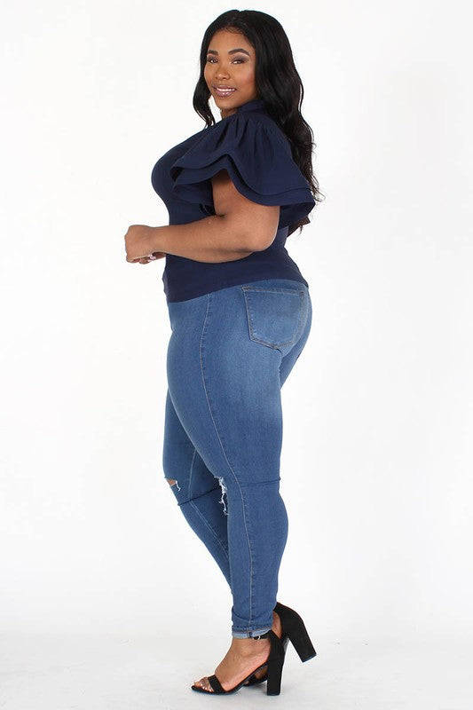 navy blue ruffle blouse