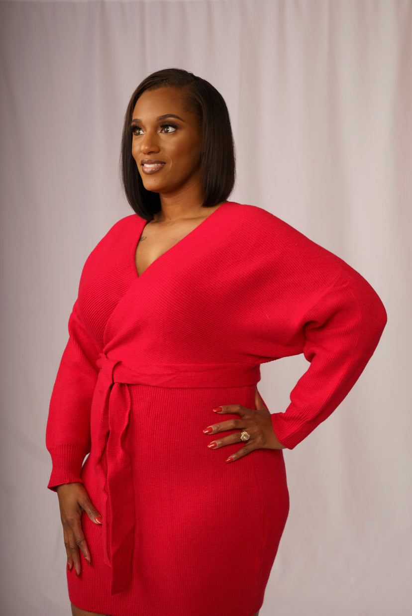 red sweater wrap dress Long Sleeve Red Dress - Wrap Dress - Wrap Sweater Dress
