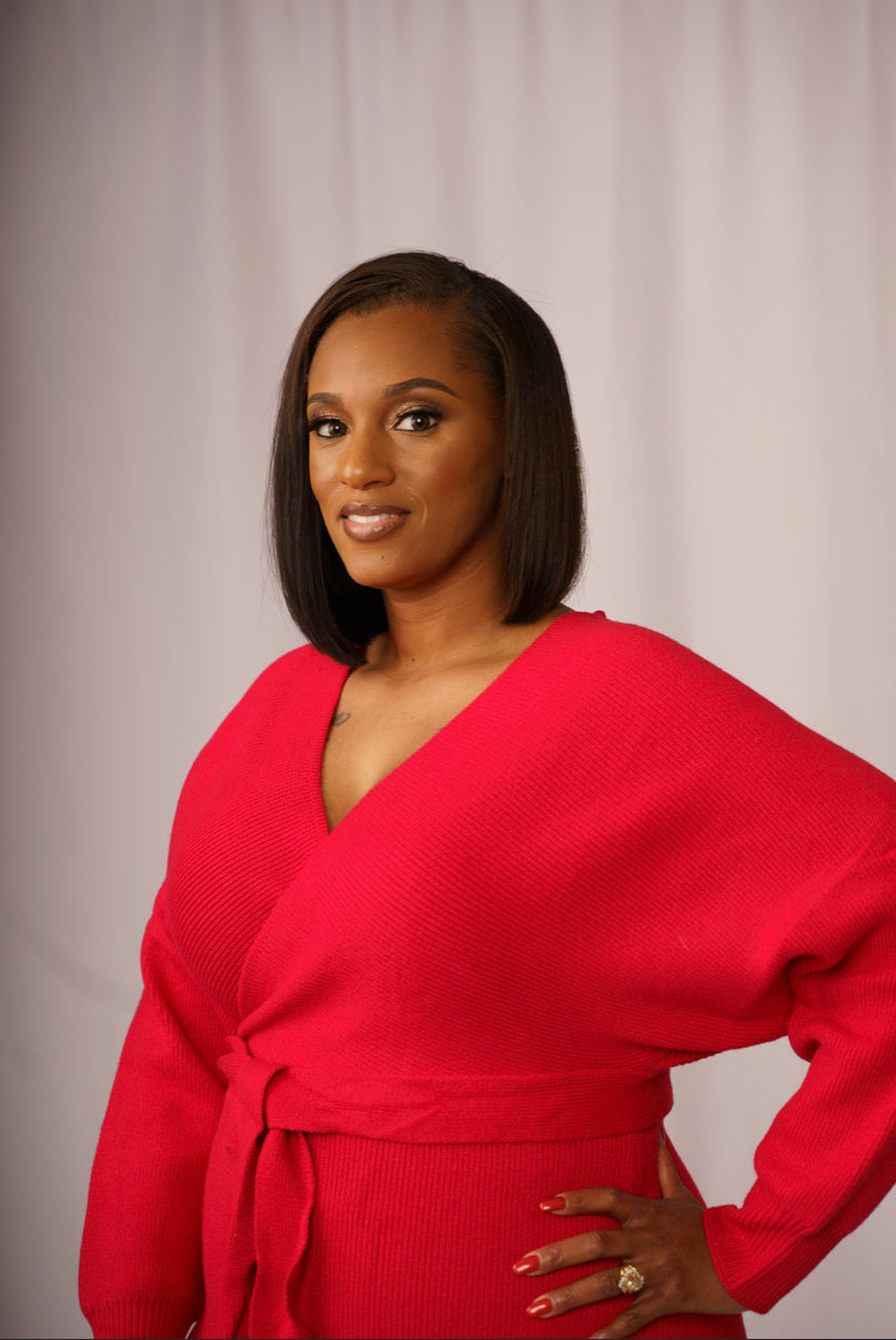 red wrap sweater dress DEAL: Faux Wrap Cabernet Sweater Dress