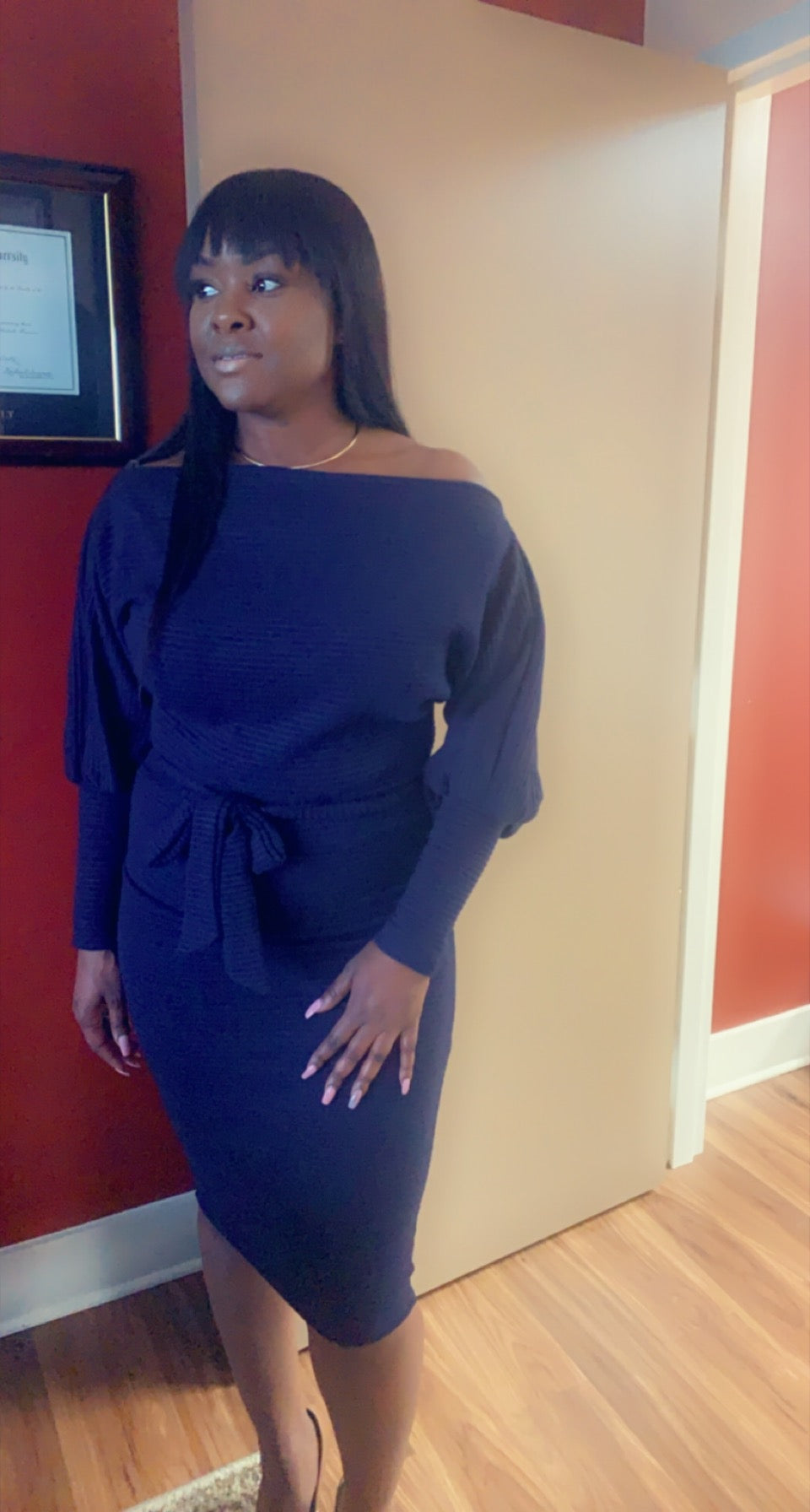 Navy Blue Knit Midi Dress